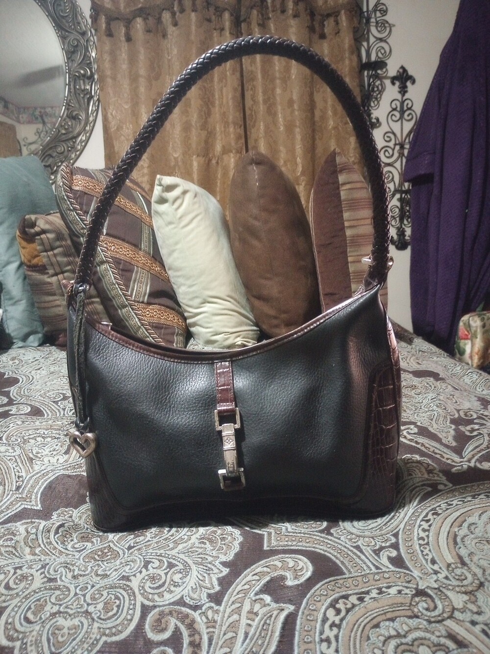 Brighton Shoulder Bag Purse Brown and Black Leather with Silver Tone Hardware